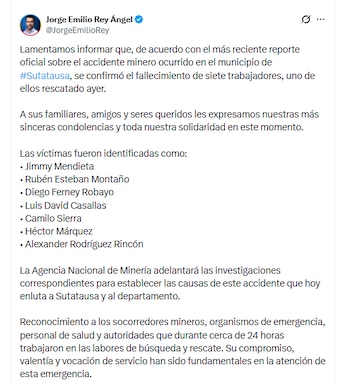 Jorge Emilio Rey confirmó la muerte de siete trabajadores tras la explosión ocurrida en una mina de carbón en zona rural del municipio de Sutatausa - crédito @JorgeEmilioRey/X