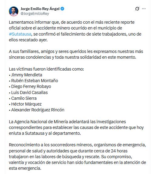 Jorge Emilio Rey confirmó la muerte de siete trabajadores tras la explosión ocurrida en una mina de carbón en zona rural del municipio de Sutatausa - crédito @JorgeEmilioRey/X