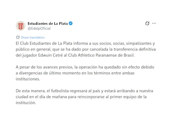 El comunicado de Estudiantes