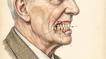 Perfil de adulto mayor con boca abierta, dientes y encías afectadas por enfermedad periodontal. Flechas señalan encías inflamadas y raíces expuestas.