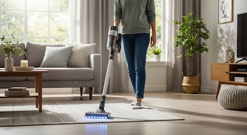 Una persona aspira una alfombra en una sala de estar con una aspiradora inalámbrica. La escena muestra luz natural, un sofá gris y una mesa de centro.