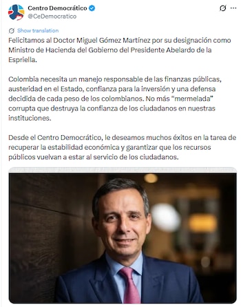 Pronunciamiento del Centro Democrático sobre nombramiento de Miguel Gómez Martínez - crédito @CeDemocratico/X