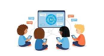 Tres niños y adolescentes sentados en círculo, sosteniendo tabletas y teléfonos, mirando una pantalla flotante con un logo de inteligencia artificial.