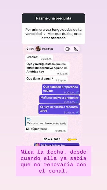 Captura de pantalla de una conversación de WhatsApp entre Ethel Pozo y otro contacto, con mensajes, la fecha 30 de octubre de 2025 y un texto en recuadro