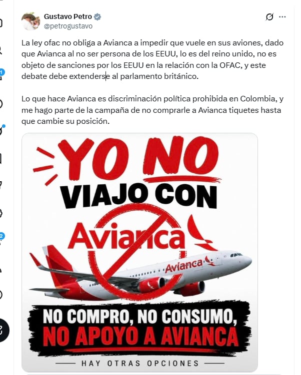 El expresidente Gustavo Petro las sanciones que le fueron impuestas por la Ofac no prohíben que vieje en avión - crédito @petrogustavo/X