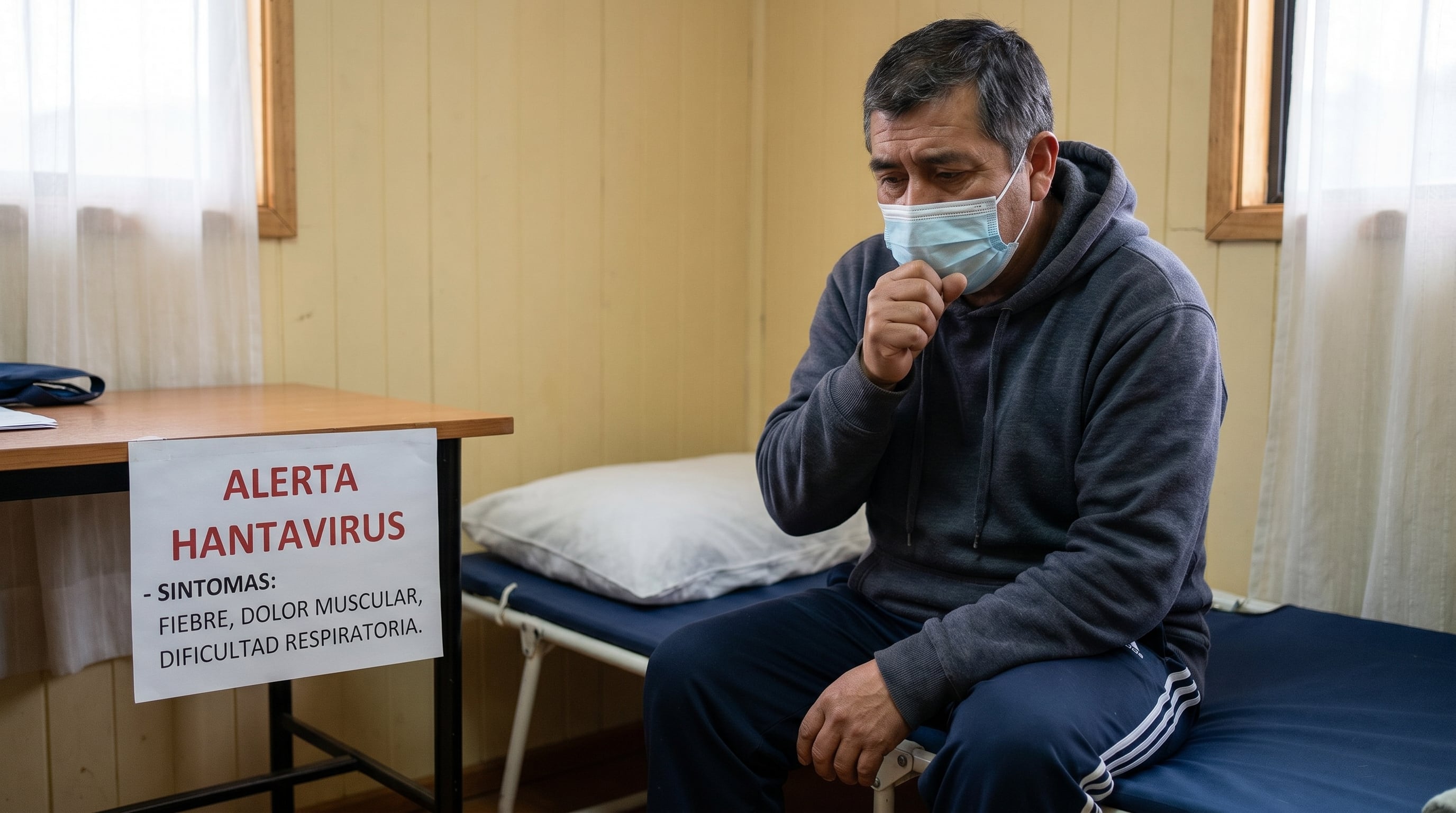Un hombre de 42 años con síntomas de hantavirus tose mientras usa mascarilla en un centro médico, donde una alerta visible detalla los síntomas de la enfermedad. (Imagen Ilustrativa Infobae)