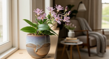 Planta de lirio sapo con flores blancas y moradas moteadas en una maceta cerámica bicolor sobre un alféizar de madera, con un salón desenfocado al fondo.