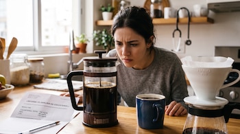 Una mujer observa una cafetera de prensa junto a una taza de café, un filtro de goteo y un informe de análisis de colesterol sobre la mesa.
