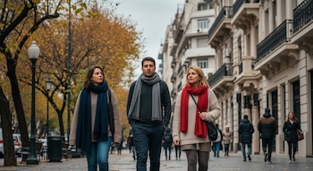 Tres personas con bufandas y suéteres caminan por una acera arbolada en Buenos Aires, con edificios clásicos y un cielo nublado de fondo.