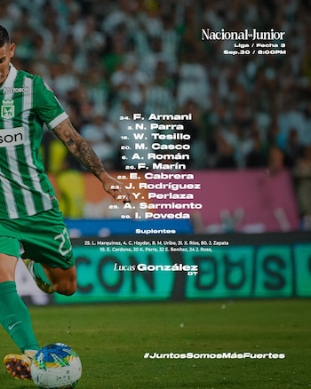 Once titular de Atlético Nacional para jugar ante Junior de Barranquilla, con la inclusión de James Rodríguez como titular y capitán del equipo - crédito Atlético Nacional