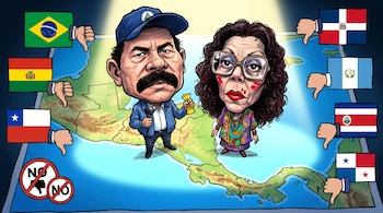 Caricatura política de Daniel Ortega y Rosario Murillo sobre un mapa de América Central, rodeados por banderas con pulgares hacia abajo y símbolos de prohibición.