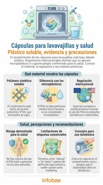 Infografía con ilustración de lavavajillas, cápsula, vaso de agua, moléculas e iconos que representan salud, regulación y etiquetas.