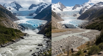 Una imagen dividida muestra un glaciar azul alimentando un río caudaloso a la izquierda, y el mismo paisaje con un glaciar más pequeño y un río con lecho seco a la derecha.
