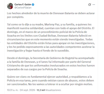 El alcalde Carlos F. Galán se refirió a la muerte de Donovan Balanta en medio de un procedimiento policial que se llevó a cabo en los límites con Ciudad Bolívar - crédito @CarlosFGalan/X