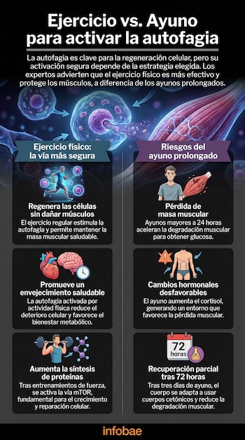 Infografía comparando el ejercicio físico y el ayuno prolongado para activar la autofagia, mostrando beneficios del primero y riesgos del segundo en células y músculos.