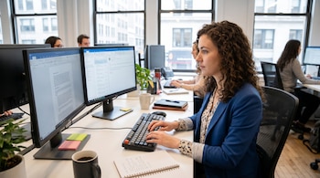 Una mujer con cabello rizado y chaqueta azul sentada en un escritorio, tecleando en un teclado frente a dos monitores de computadora.
