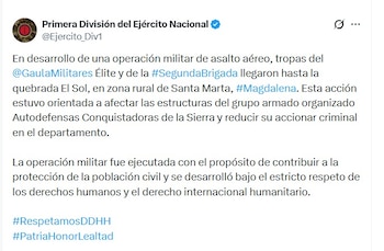 El reporte oficial indicó que la acción del Ejército Nacional buscó proteger a la población civil en Magdalena - crédito @ACSN_oficial/X