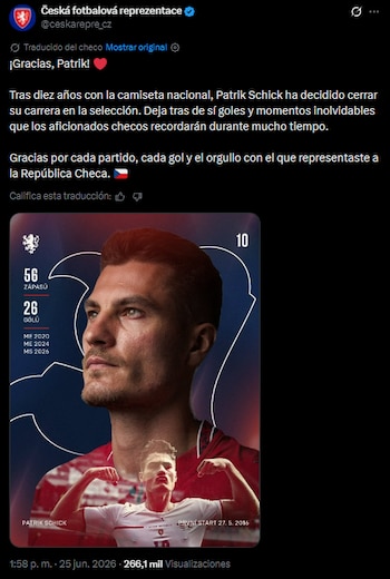 Schick disputó 56 partidos con la camiseta checa y anotó 26 goles a lo largo de una década de carrera internacional
