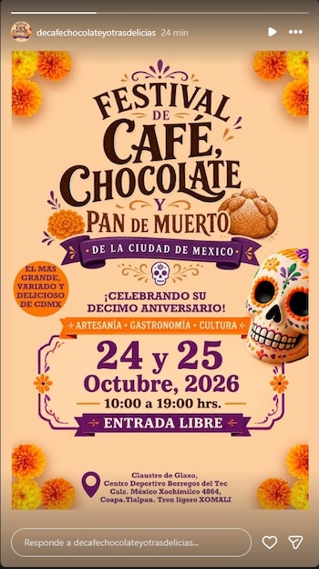 Un cartel ilustrado con flores de cempasúchil, un pan de muerto y una calavera de azúcar anuncia un festival de café y chocolate