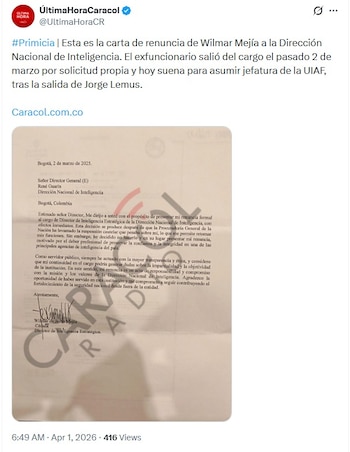 Carta de renuncia de Wilmar Mejía - crédito captura de pantalla Caraol Radio / X