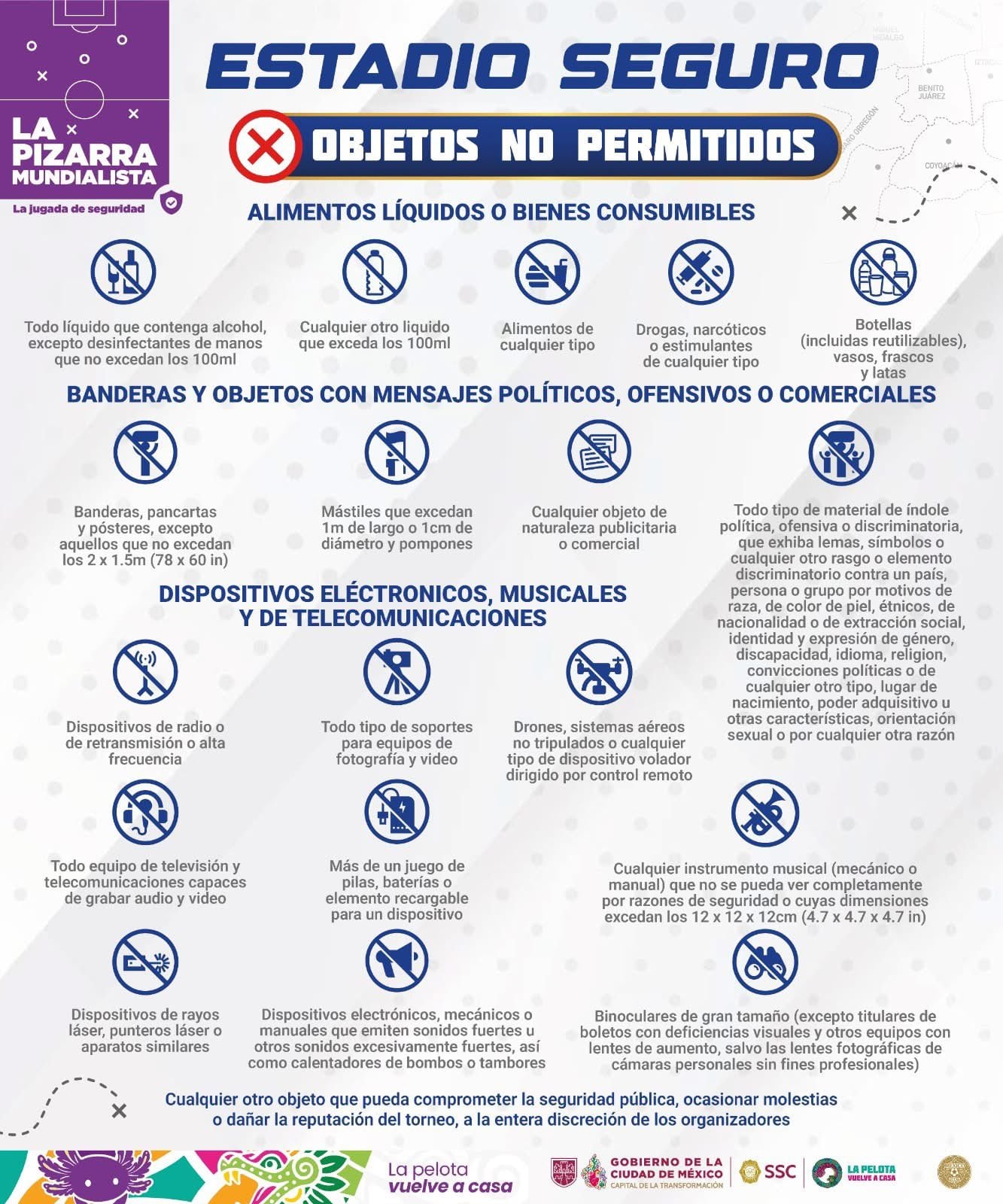 Objetos permitidos y no permitidos en el Estadio Ciudad de México. (X - @OVIALCDMX)