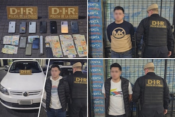 Cuatro fotos muestran: arriba, dinero, celulares y material estupefaciente incautado; abajo, un vehículo blanco y dos hombres con caras borrosas siendo arrestados por la Policía de la Ciudad.