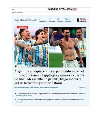 La portada del Corriere della Sera en Italia