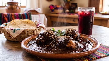 Un plato de barro con mole poblano y ajonjolí, un canasto con tortillas de maíz y un vaso con agua de jamaica sobre una mesa de madera.
