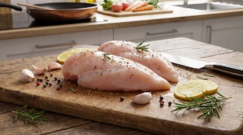 Dos pechugas de pollo crudas sazonadas en una tabla de madera con rodajas de limón, ajos, romero, granos de pimienta y un cuchillo de cocina.