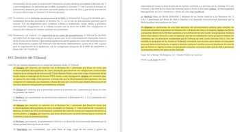 Dos páginas de un documento impreso en español que incluyen párrafos destacados en amarillo bajo el título Decisión del Tribunal