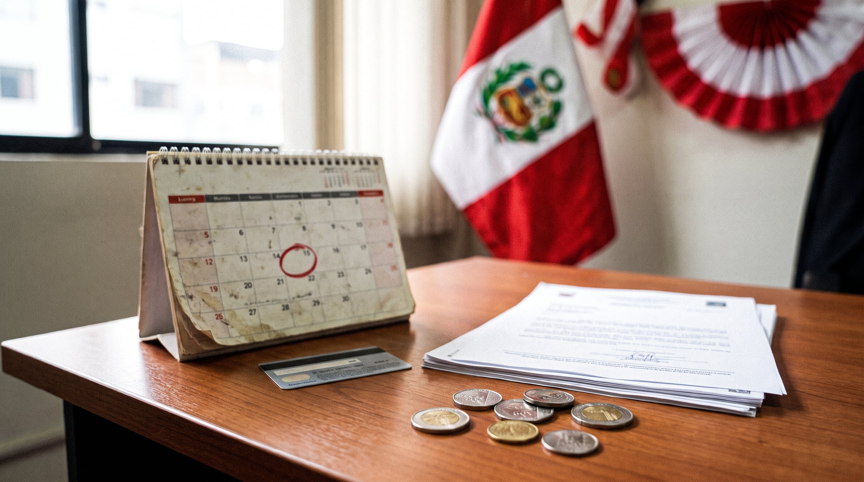 Un calendario de escritorio con una fecha marcada, monedas de soles peruanos, una tarjeta de pago y documentos ilustran la relación entre feriados y beneficios económicos para trabajadores. (Imagen Ilustrativa Infobae)