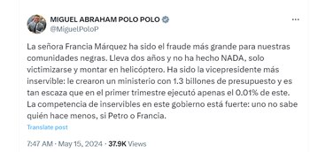 Publicación en X del representante