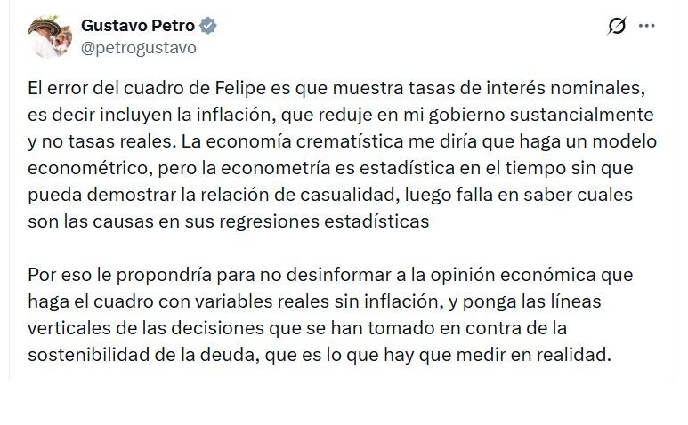 Gustavo Petro, presidente de Colombia, anotó que la tabla de Campos falla en saber cuales son las causas en sus regresiones estadísticas - crédito @PetroGustavo/X