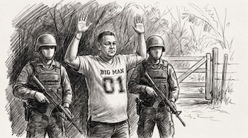 Dibujo a lápiz de un hombre con camiseta "BIG MAN 01" con las manos en alto, flanqueado por dos agentes policiales armados, con fondo de vegetación y portón rural.