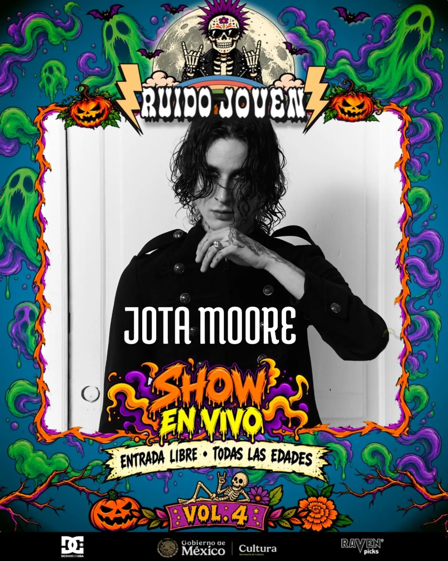 Un cartel del festival Ruido Joven Vol. 4 anuncia la presentación en vivo del artista Jota Moore en el Parque de Cultura Urbana PARCUR de Chapultepec. (Ruido Joven vol 4 Secretaría de Cultura)