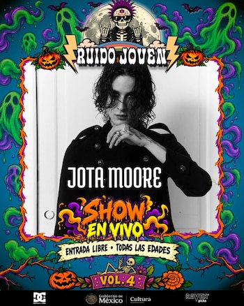 Cartel con estética de Halloween que enmarca la foto en blanco y negro del músico Jota Moore, con texto alusivo a un espectáculo en vivo