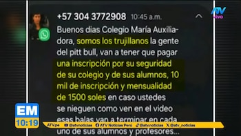 Captura de pantalla de un chat de WhatsApp con un mensaje de extorsión, número con prefijo +57, perfil de usuario, y logos de ATV Noticias y EM 10:19