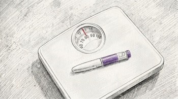 Dibujo a lápiz de una balanza blanca con un dial analógico y un inyectable blanco y morado con su tapa, ambos sobre una superficie texturizada.