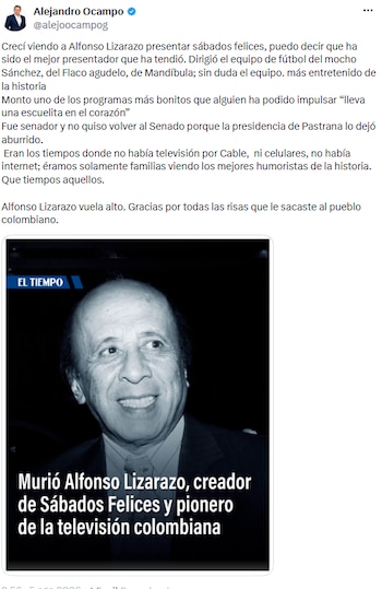 Alejandro Ocampo recordó a Alfonso Lizarazo como el mejor presentador de Sábados Felices - crédito @alejoocampog/X