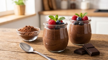 Dos vasos de mousse de chocolate con frambuesas y arándanos frescos, una cuchara de metal, cacao en polvo en un cuenco y trozos de chocolate en una mesa de madera.