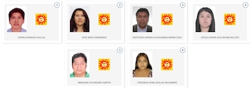 Seis retratos frontales de candidatos, con un emblema de sol sonriente rojo sobre fondo amarillo a su lado y sus nombres debajo