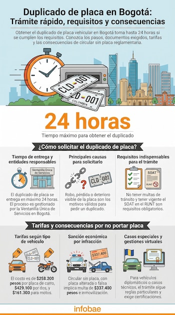 Infografía ilustrando el proceso para obtener un duplicado de placa vehicular en Bogotá en 24 horas, mostrando un reloj, placas, edificios y tarifas.