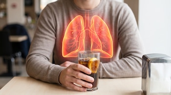 Primer plano de una persona sosteniendo un vaso de refresco con hielo y limón; sobre su pecho se superponen pulmones rojos y brillantes.