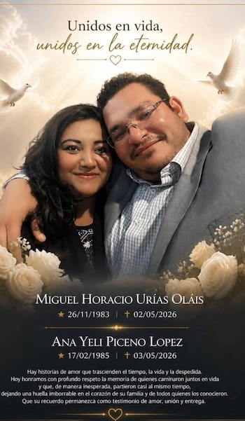 Imagen de esquela con foto de pareja, Miguel Urías y Ana Piceno, sonriendo abrazados. Fondo con cielo, nubes, palomas volando y rosas blancas. Texto en español sobre su recuerdo
