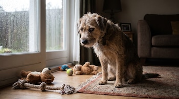 Un perro de pelo castaño sentado en una alfombra junto a una ventana con lluvia, con varios juguetes de peluche y una pelota en el suelo.