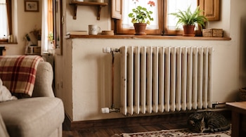 Un radiador blanco fijado a la pared bajo una repisa con plantas y un libro, con un gato que duerme en el suelo de madera.