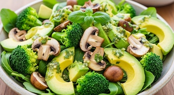 Una ensalada colorida en un tazón blanco, con hojas verdes, trozos de aguacate, floretes de brócoli y champiñones laminados, aderezada con hierbas y aceite.