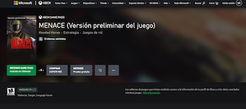 Captura de pantalla del sitio web Xbox Game Pass. Se muestran logos de Microsoft y Xbox, la portada del juego MENACE, opciones de compra y su clasificación MADURO 17+