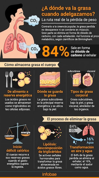 Infografía con diagramas del sistema respiratorio, la exhalación de dióxido de carbono y el proceso de almacenamiento y eliminación de grasa.
