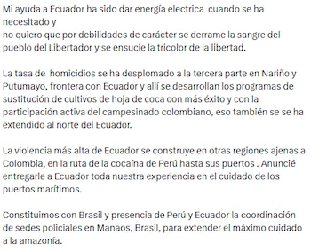 Petro afirmó que durante su administración lo único que ha hecho es ayudar a Ecuador con energía eléctrica - crédito @petrogustavo/X